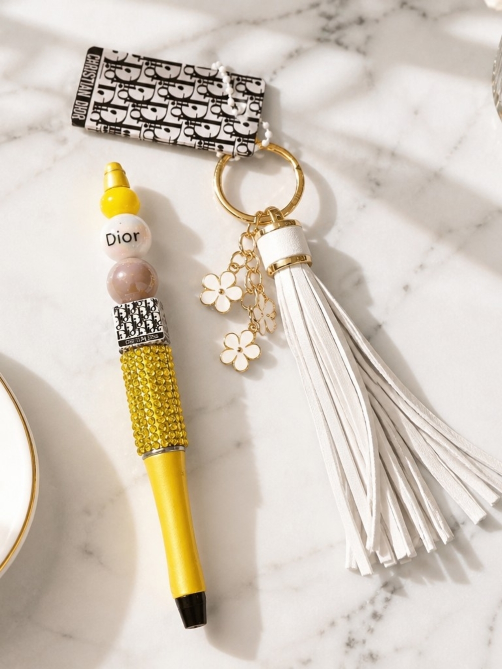 Handcrafted Yellow Beaded Pen And Bag Charm Keychain with White Tassel